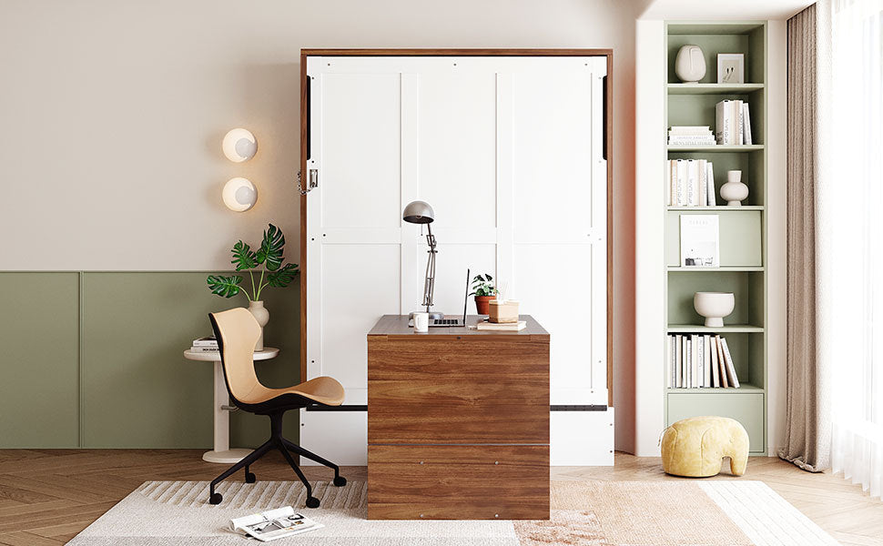 Full Size Murphy Bed with Foldable Desk – Space Saving Wall Bed - Walnut & White