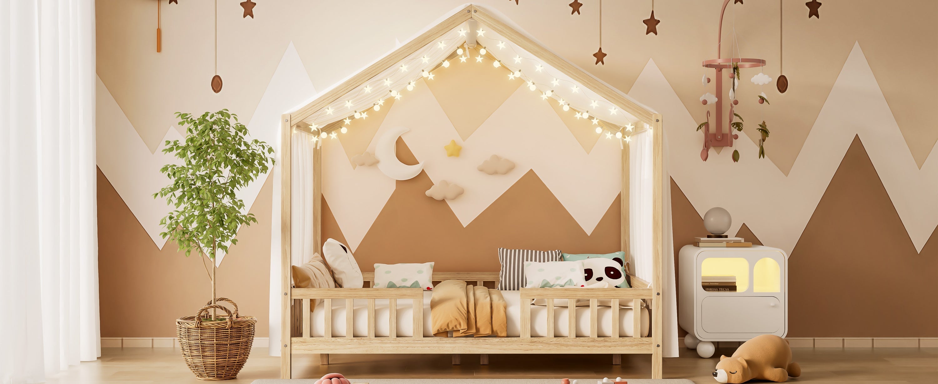 Montessori Floor Bed with Canopy, Full Bed Frame for Kids, House Shape Kids Bed Frame with High Railings, Wood Kids Bed with Roof, Kid Full Bed, Natural
