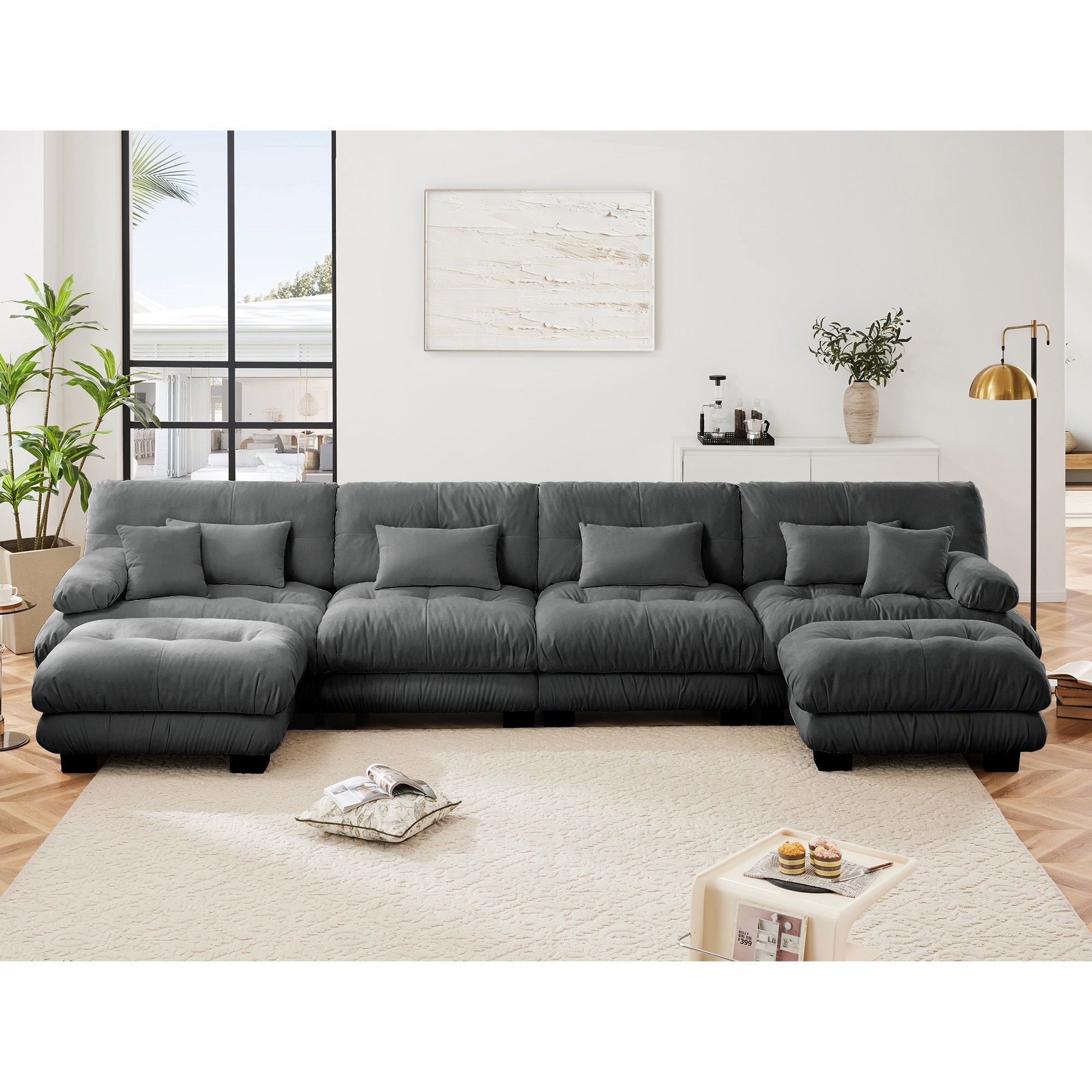 Free Combination Modular Sectional Sofa,U Shaped Couch for Living Room, 4-Seater Comfy Cloud Couch with 2 Ottomans, Chenille Gray