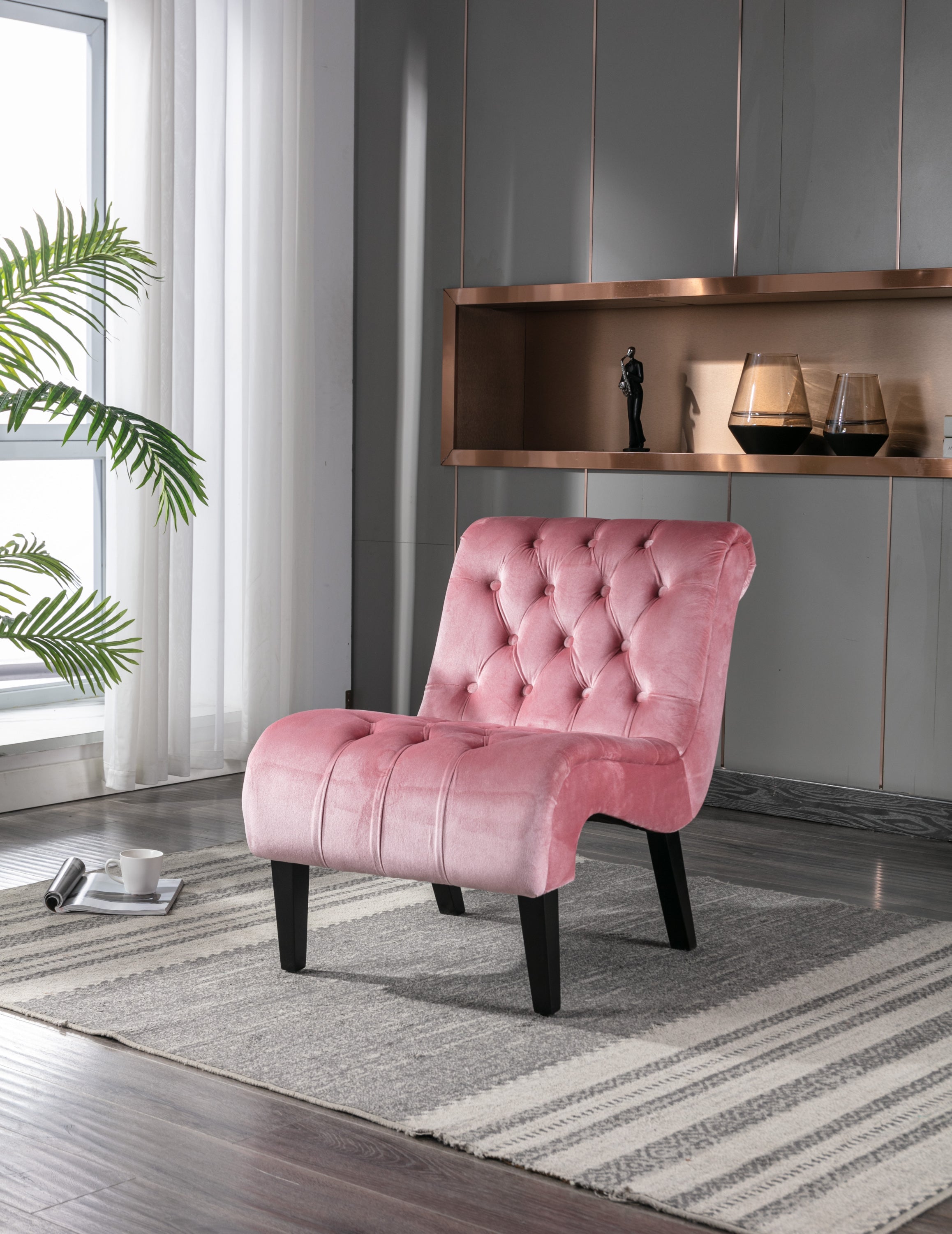 COOLMORE Modern Velvet Armless Accent Living Room Chair / Leisure Chair,Upholstered Fabric Button Comfortable Chair with Wooden Legs for Bedroom, Living Room, Office (Pink Velvet)