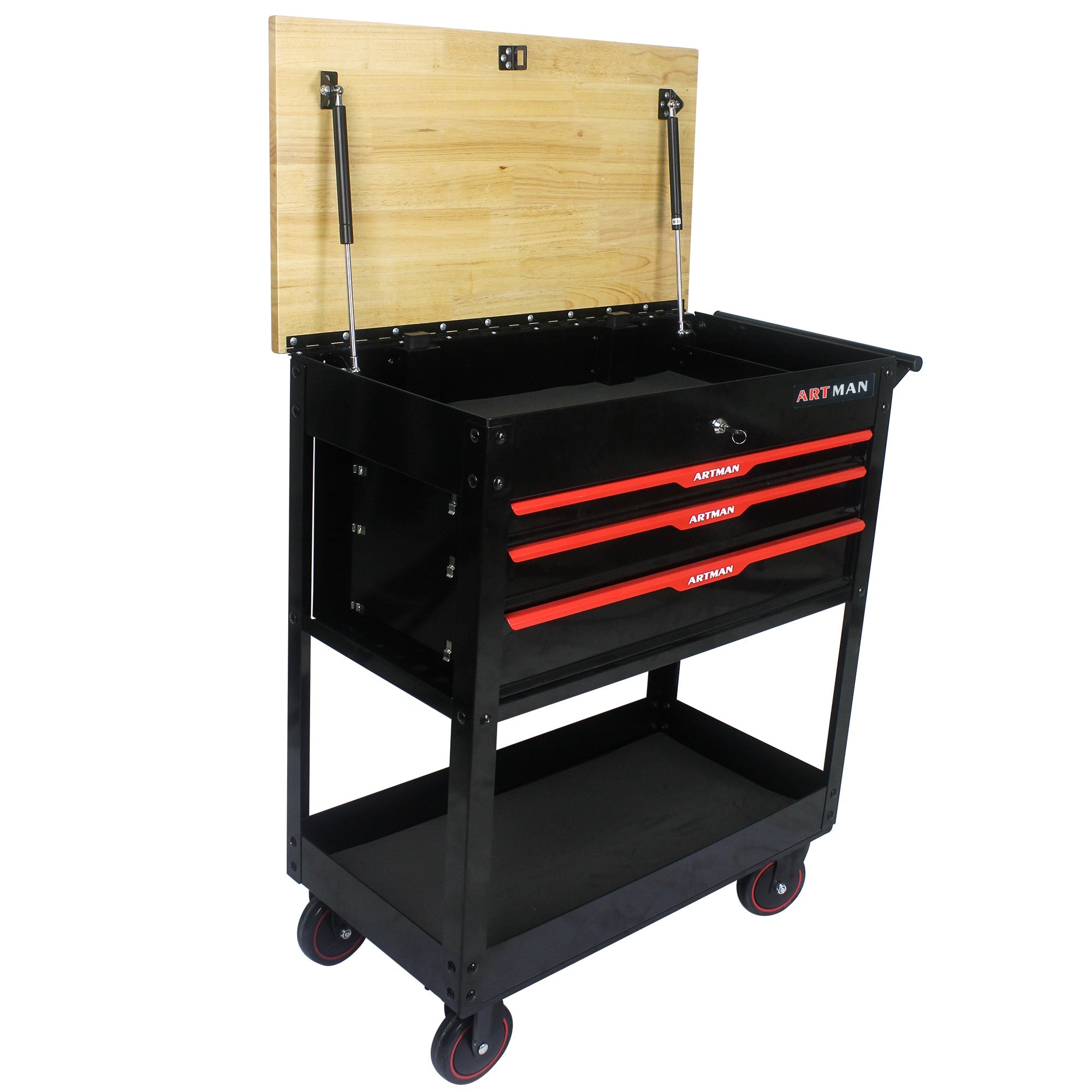 3 DRAWERS MULTIFUNCTIONAL TOOL CART WITH WHEELS AND WOODEN TOP--BLACK&RED