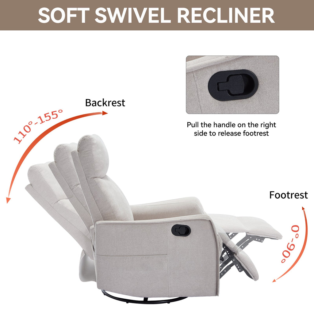 Heat Massage Manual Recliner Chair with Rocker and Swivel in Fabric for Living Room, Beige
