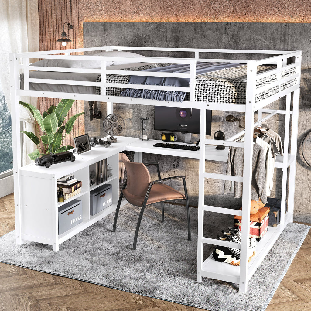 Metal Loft Bed with Wardrobe and L-shaped Desk, Queen Size Loft Bed with Storage Cubes and Shelves, Loft Bed for Kids Teens Adults, White