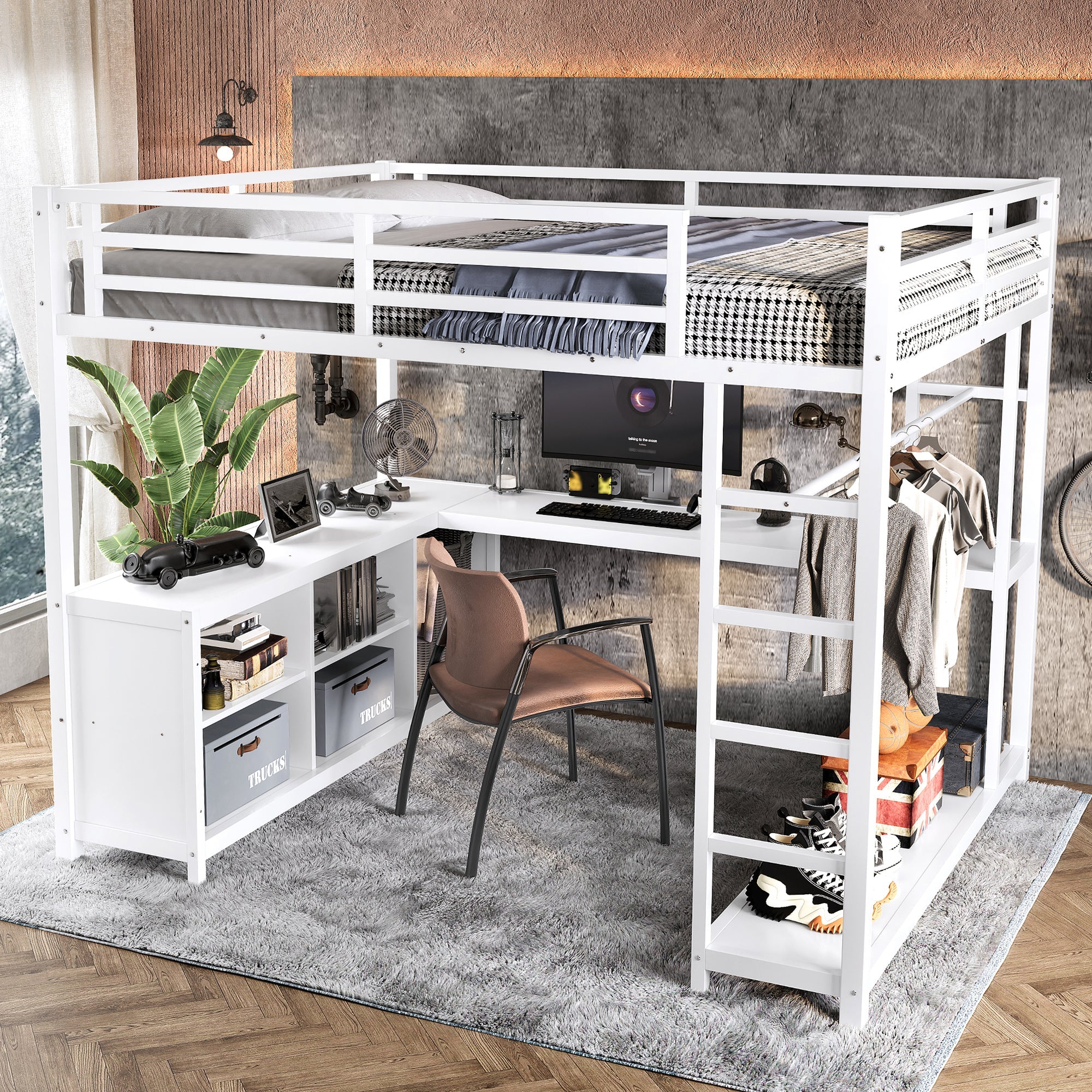 Metal Loft Bed with Wardrobe and L-shaped Desk, Queen Size Loft Bed with Storage Cubes and Shelves, Loft Bed for Kids Teens Adults, White