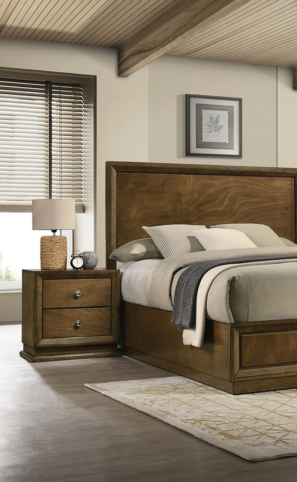 Walnut Color Transitional Style Queen Size Bed 2x Nightstands 3pc Set Bedroom Furniture Metal Knobs