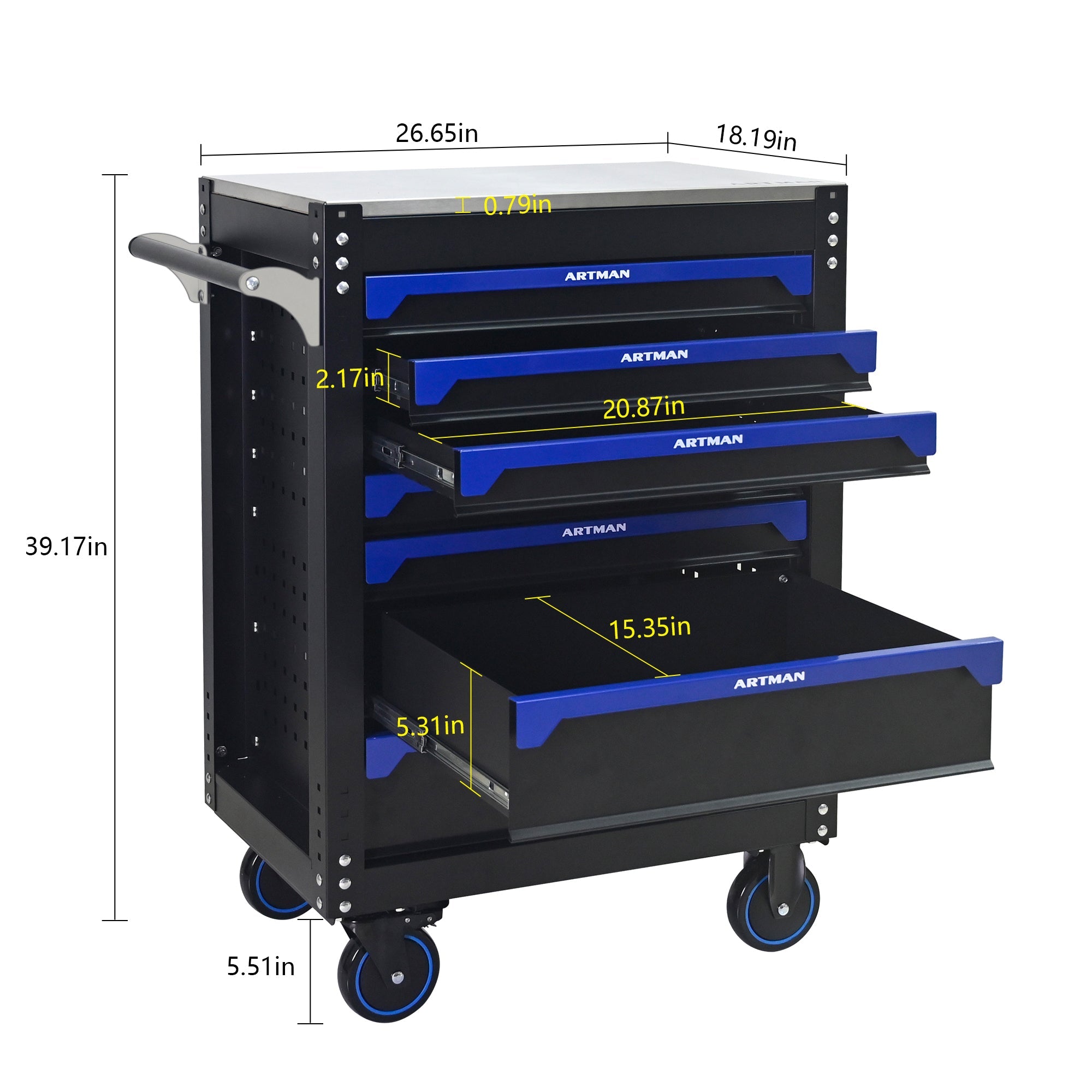 30-inch 7-drawer Iron-top Practical Rolling Steel Tool Cart, With Handle and Wheels, Storage Cabinet for Garages, Warehouses, Repair Shops, Requires Assembly of the the Tool Cart - Black & Blue