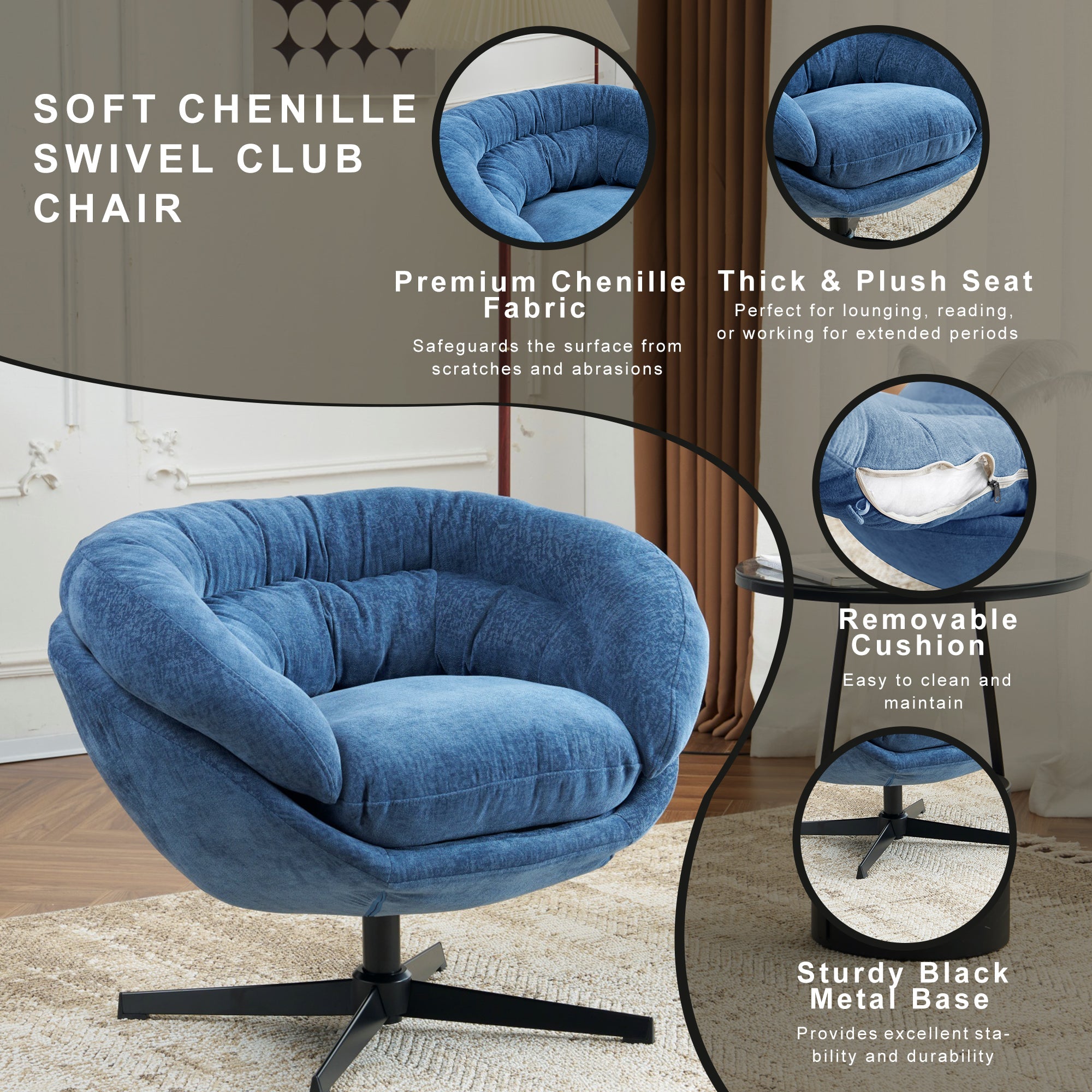 Modern Chenille Office Chair, 360° Swivel Accent Chair with Removable Cushion, Round Office Chair, Black Metal Base, Cotton Material, Living Room, Bedroom, Reading Corner, Office (Navy Blue)