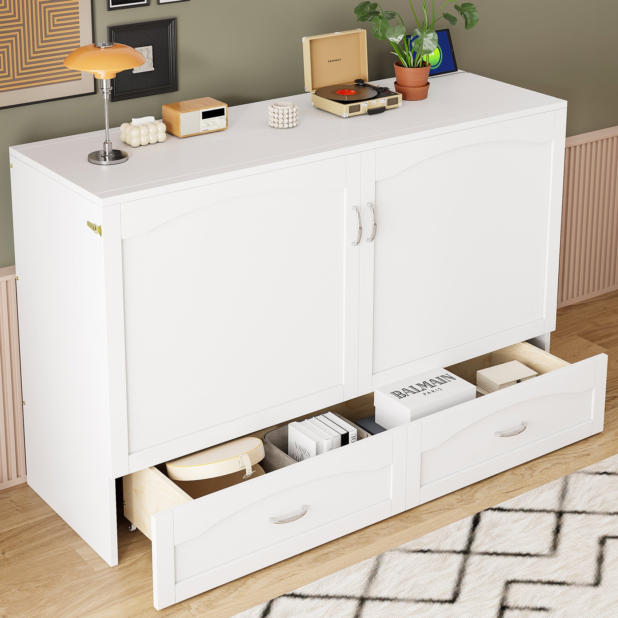 Queen Size Murphy Bed Wall Bed with drawer and a set of Sockets & USB Ports, Pulley Structure Design, White(OLD SKU: LP100671AAK)