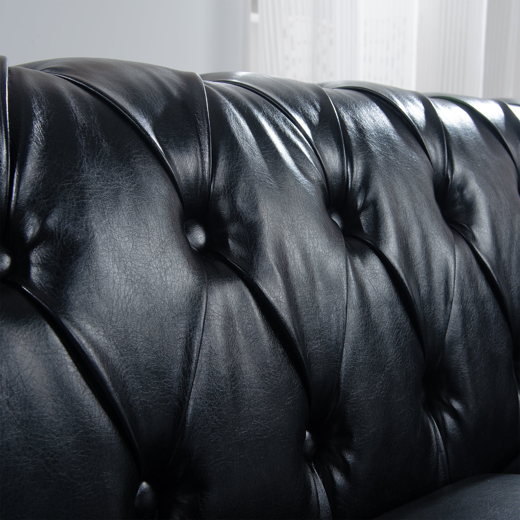 84.65" BLACK PU Rolled Arm Chesterfield Three Seater Sofa