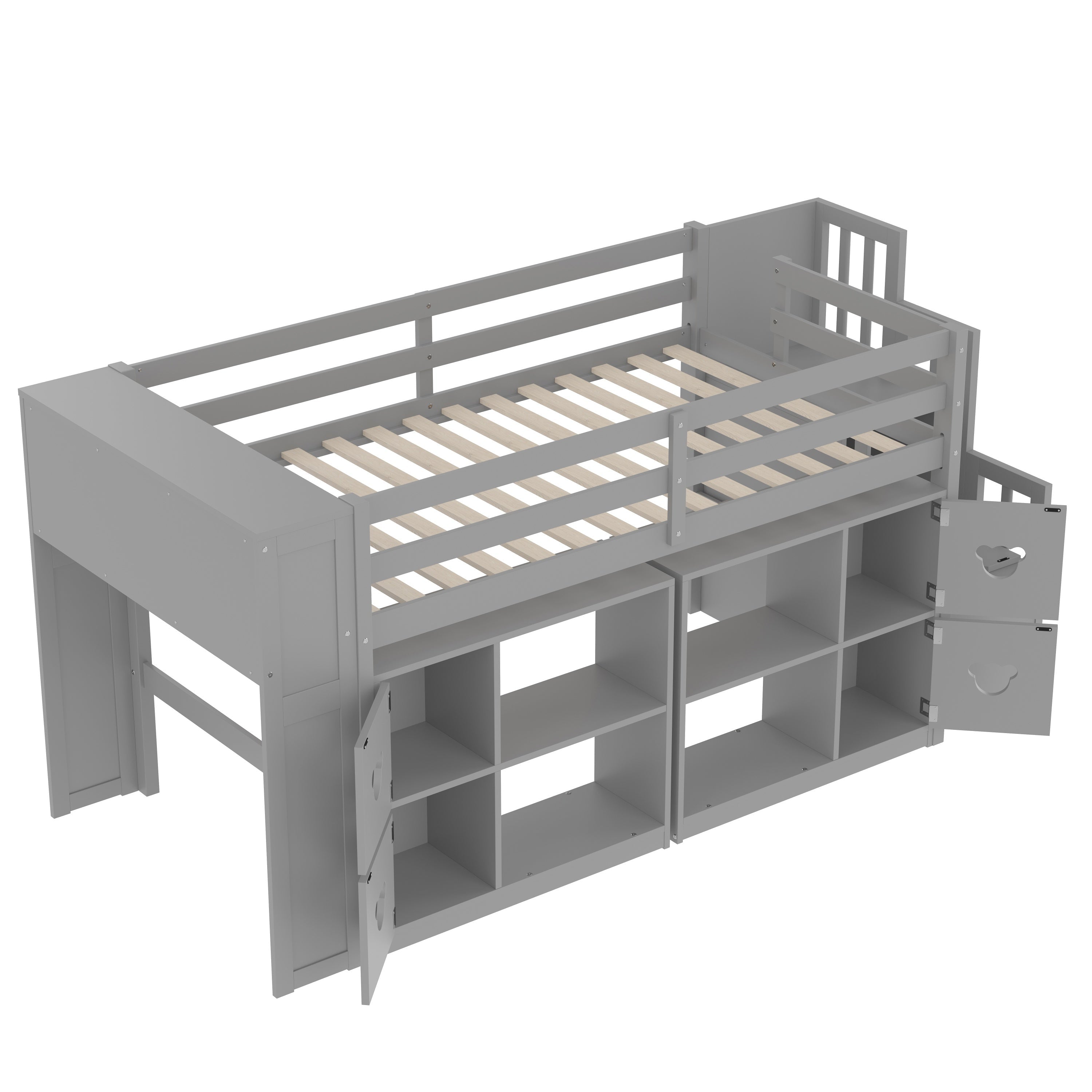 Kids Twin Loft Bed with Storage Cabinets, Staircase Drawers & LED Lights – Solid Wood Low Loft Bed with Shelves, Guardrails, and Fun Bear Handles – Space-Saving Design for Boys & Girls Bedroom