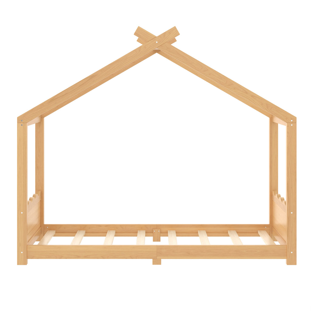 Twin House Floor Bed with Support Slats, Solid Wood House Bed Frame for Kids, No Box Spring Needed and Opening Constructure, Natural