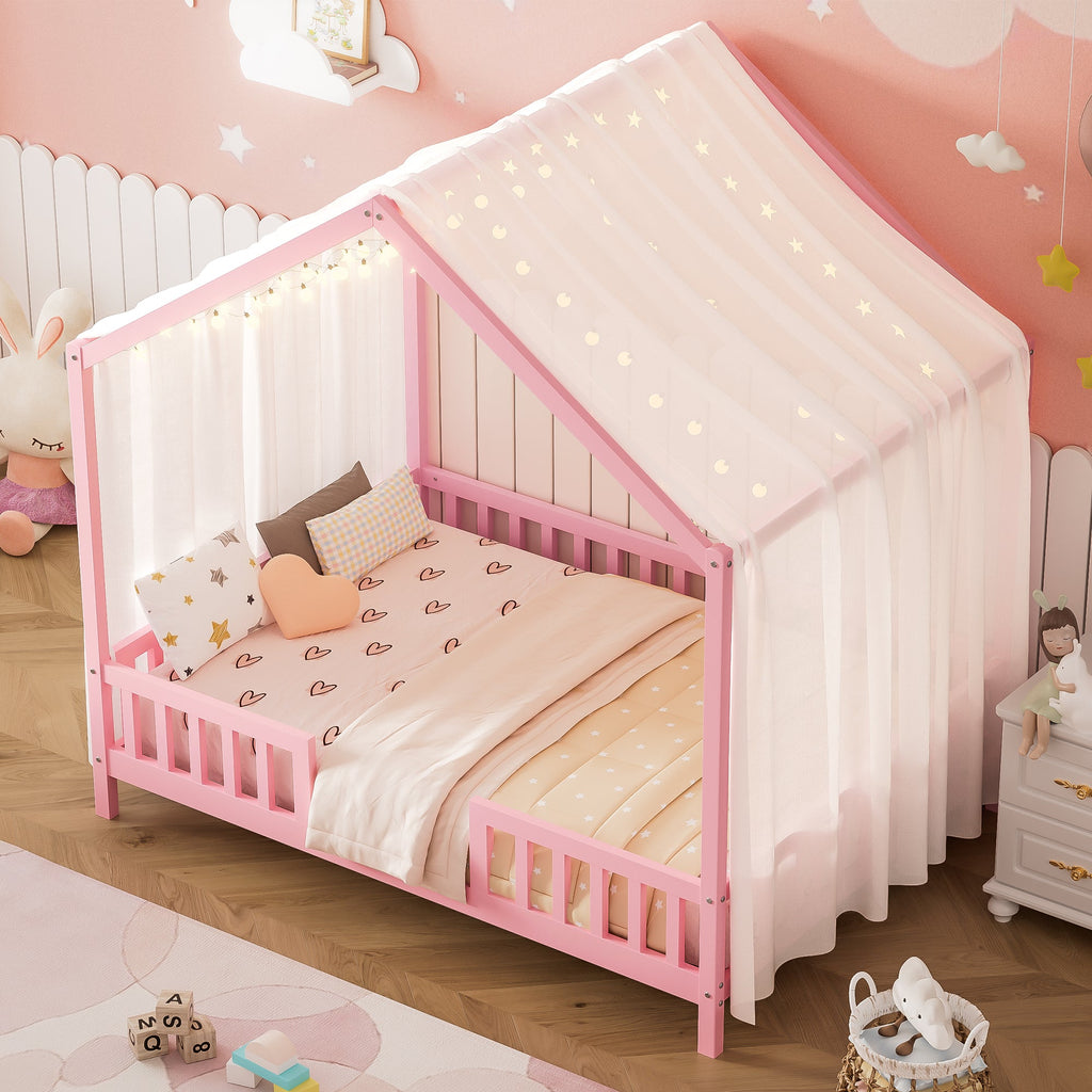 Montessori Floor Bed with Canopy, Full Bed Frame for Kids, House Shape Kids Bed Frame with High Railings, Wood Kids Bed with Roof, Kid Full Bed, Pink