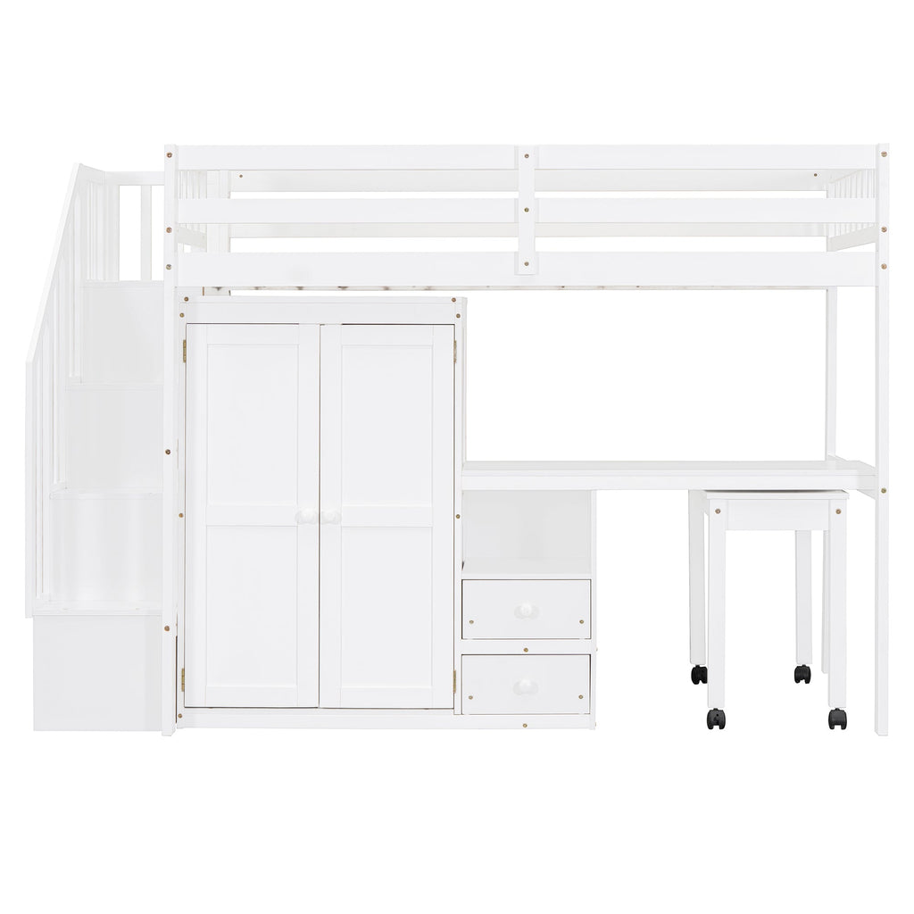 Twin Size Loft Bed with Stairs, Bookshelf, Drawers, Desk & Wardrobe – Space-Saving Multifunctional Furniture for Kids & Teens-White