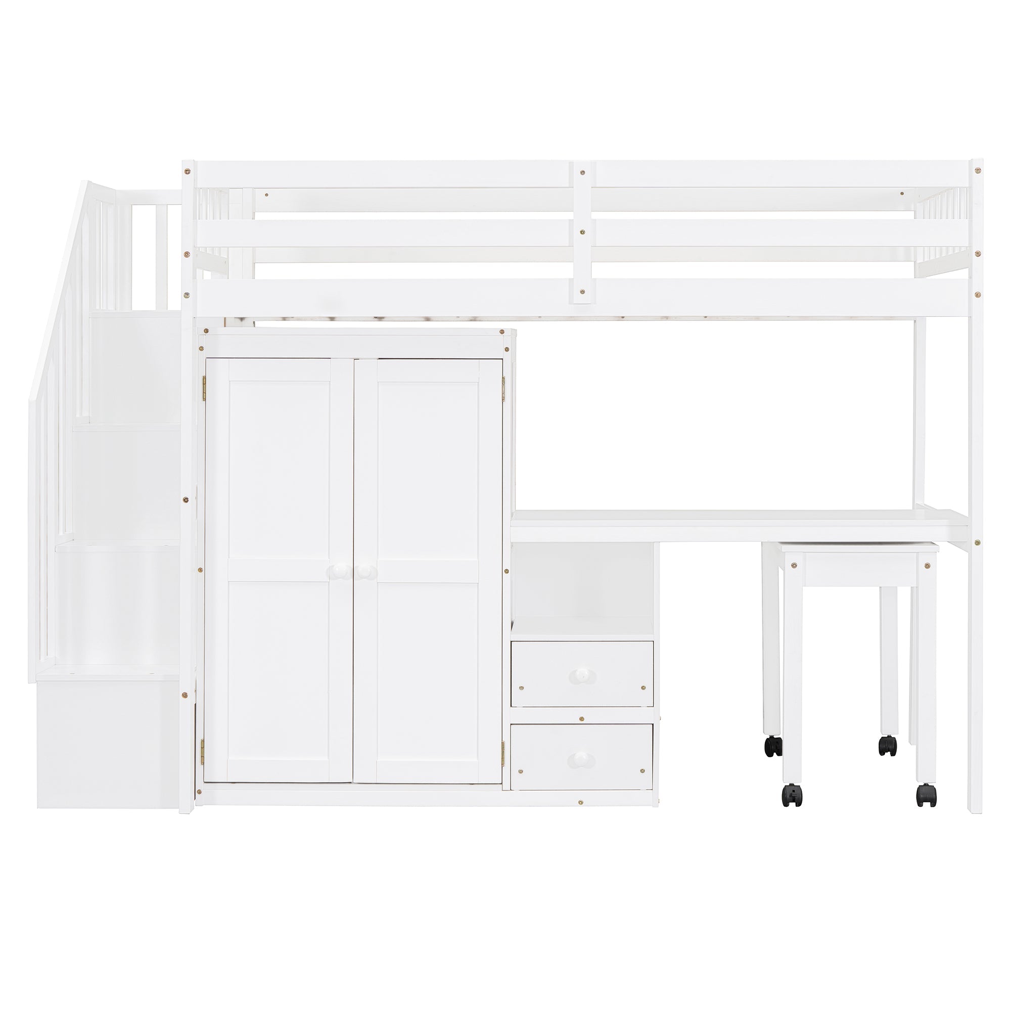 Twin Size Loft Bed with Stairs, Bookshelf, Drawers, Desk & Wardrobe – Space-Saving Multifunctional Furniture for Kids & Teens-White