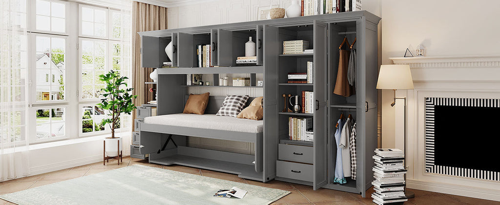 Twin Size Murphy Bed Wall Bed with Wardrobe, Cabinet and Desk, Gray