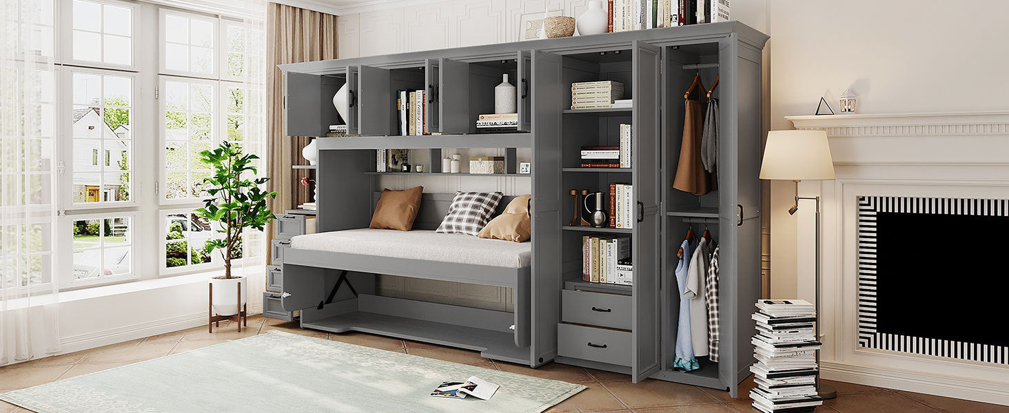Twin Size Murphy Bed Wall Bed with Wardrobe, Cabinet and Desk, Gray