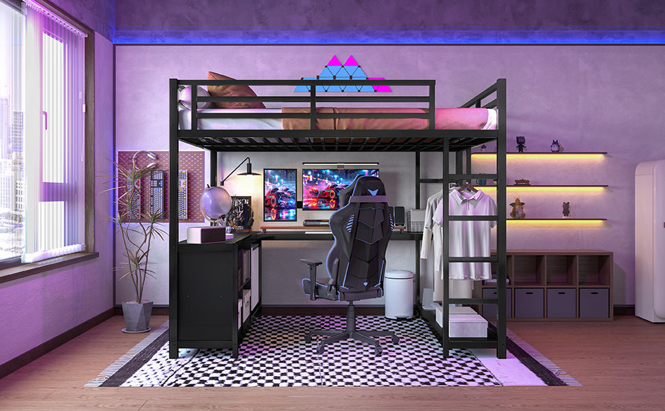 Metal Loft Bed with Wardrobe and L-shaped Desk, Full Size Loft Bed with Storage Cubes and Shelves, Loft Bed for Kids Teens Adults, Black