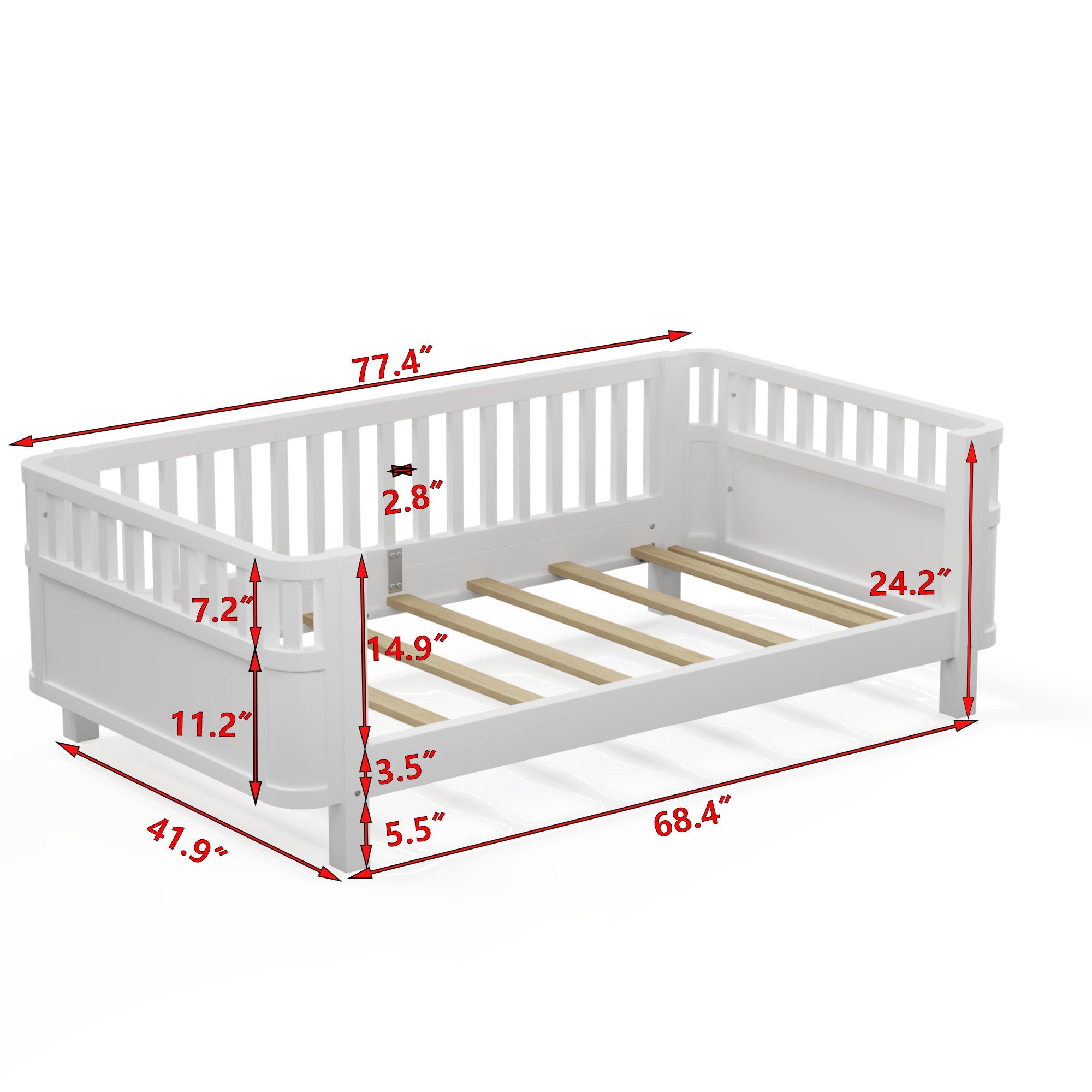 Twin Size Wood Platform Bed for Kids, Wood Low Profile Twin Bed with Rails for Girls and Boys, White (Patented Design)