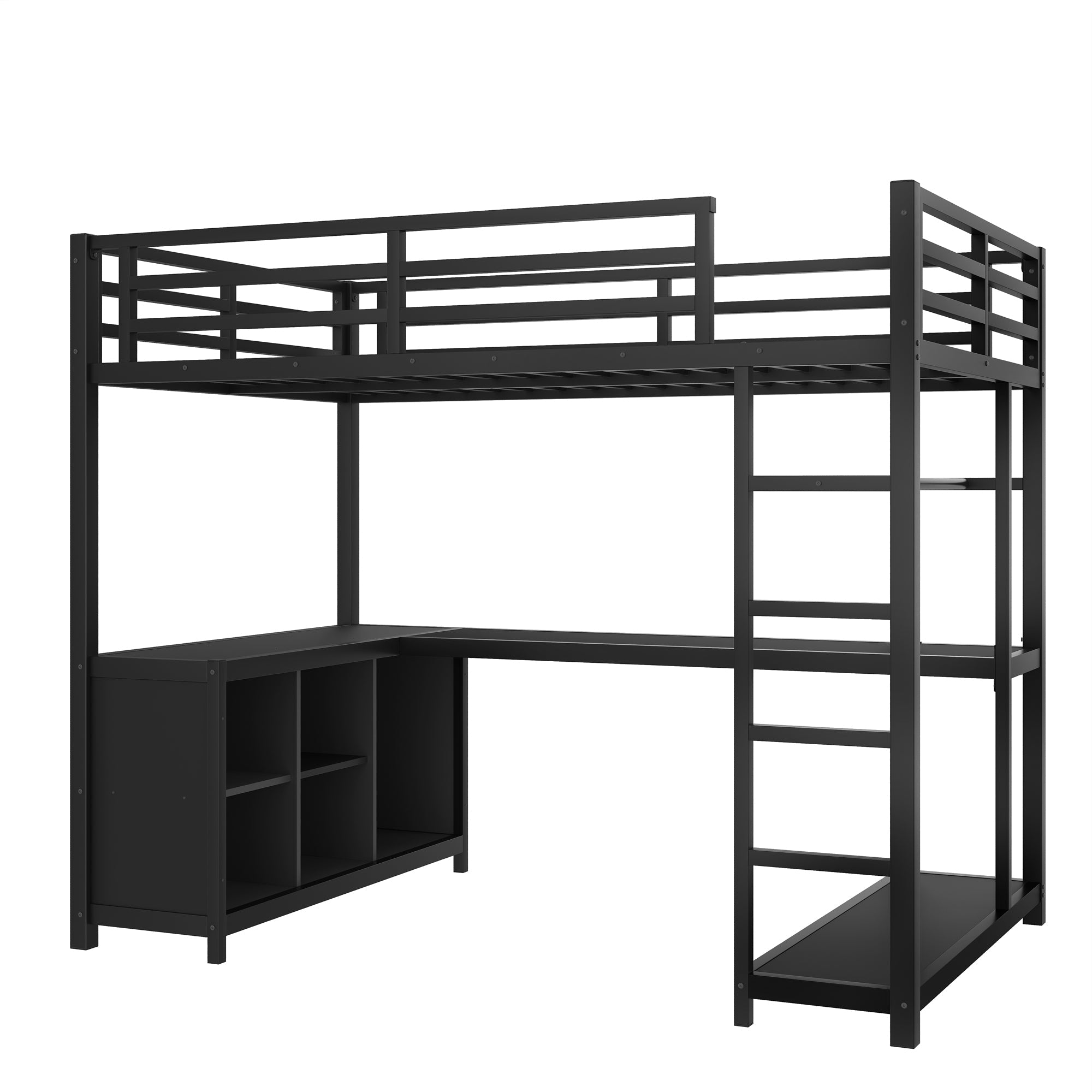 Metal Loft Bed with Wardrobe and L-shaped Desk, Twin Size Loft Bed with Storage Cubes and Shelves, Loft Bed for Kids Teens Adults, Black