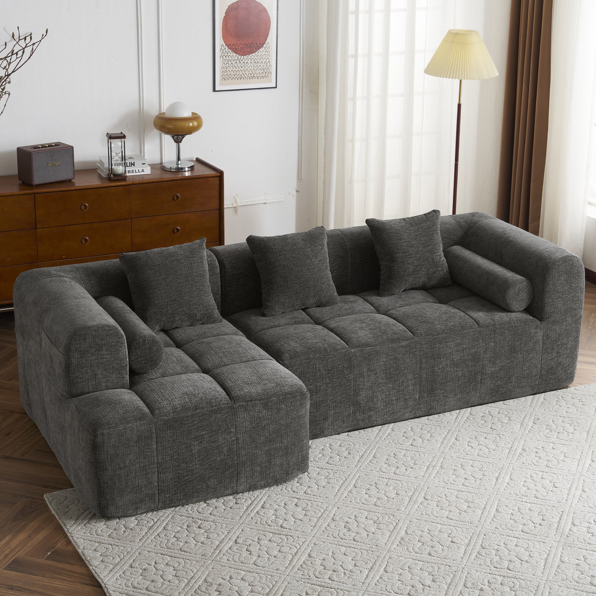 Modern Grey Modular Sectional Sofa with Deep Seating and Side Pockets in Chenille Fabric