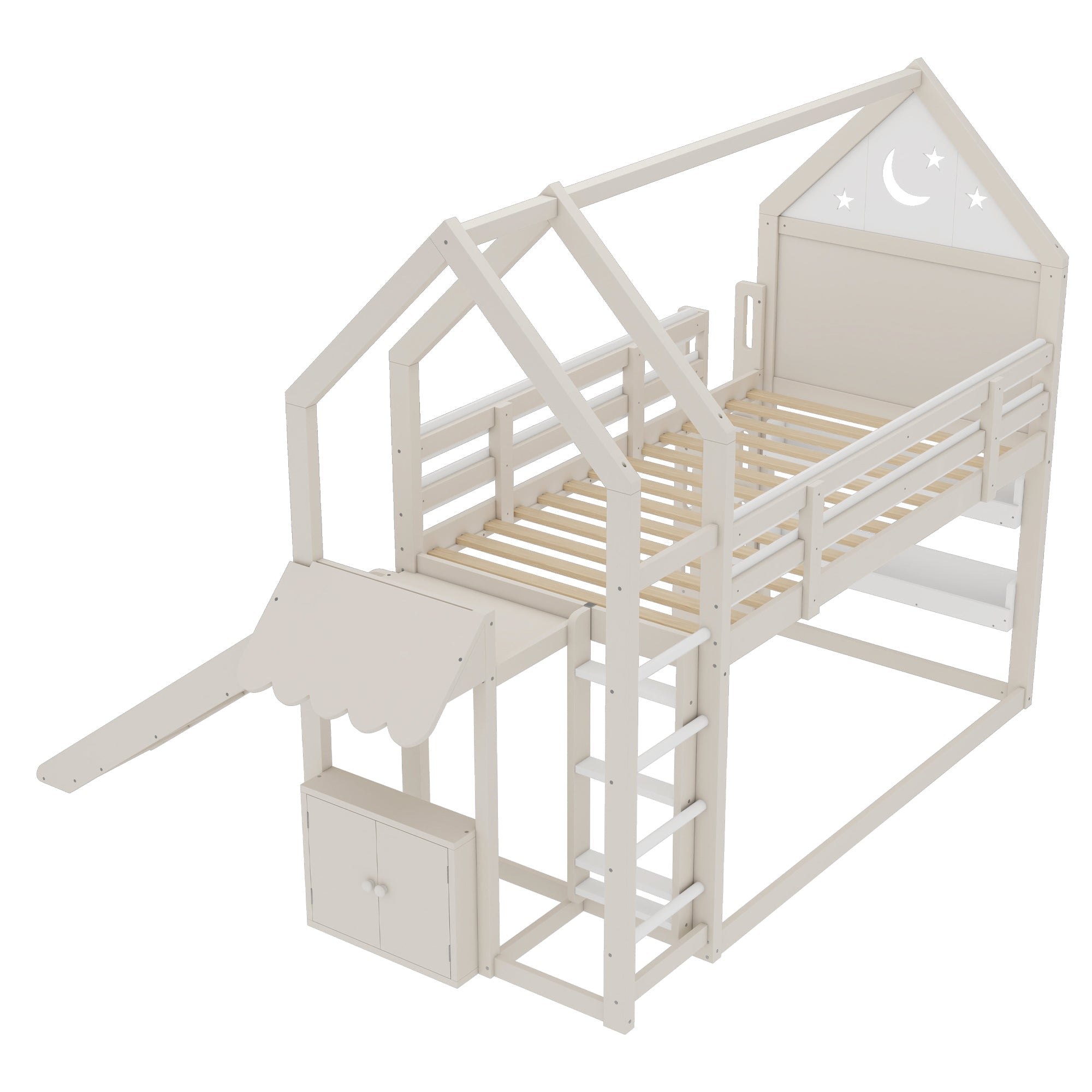 Twin Size Loft Bed with Bookshelf Playful Design for Kids House-Shaped Structure with Slide High-Quality Safety Rails,Beige