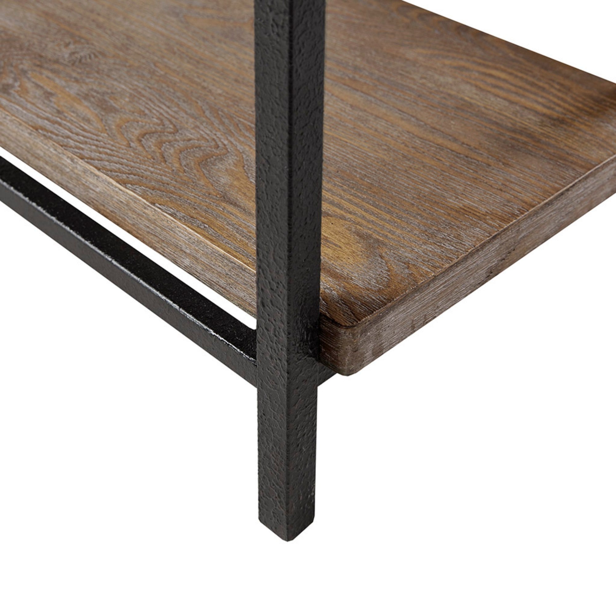 Industrial Style Metal Frame Accent Desk with Side Shelving in Reclaimed Grey Wood Finish