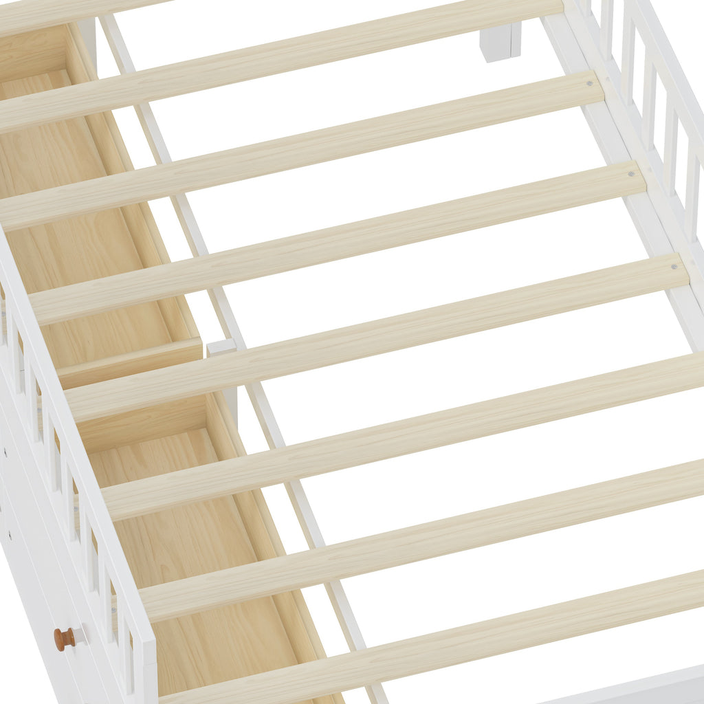 Twin Bed Frame with Storage 4 Drawers,Wooden Bed Frame for Kids,Platform Twin Size Bed with Guardrail Headboard and Ladder, No Box Spring Needed, Easy Assembly, White