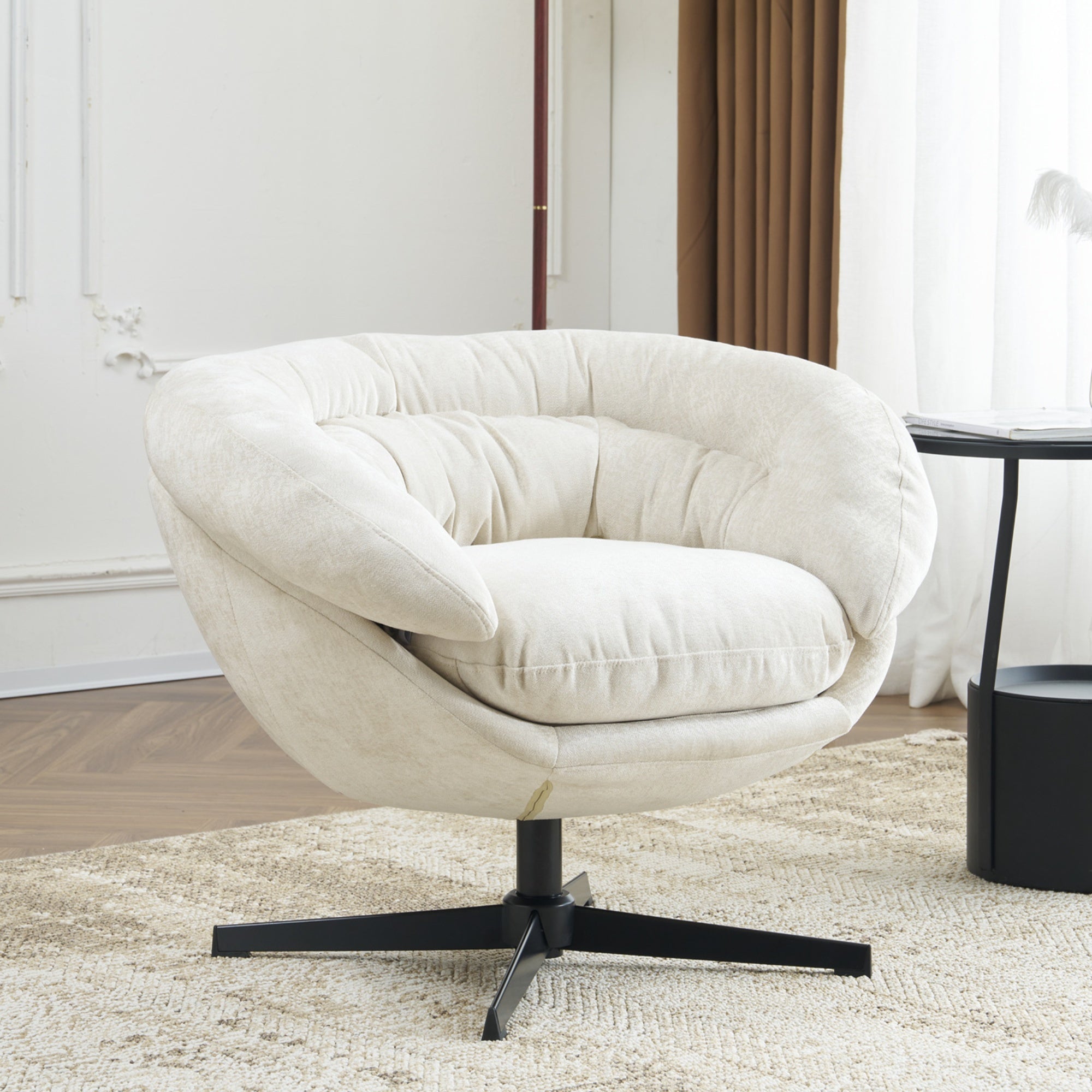 Modern Chenille Office Chair, 360° Swivel Club Chair/Accent Chair with Removable Cushion, Round Office Chair, Black Metal Base, Cotton Material, Living Room, Bedroom, Reading Corner, Office (Beige)