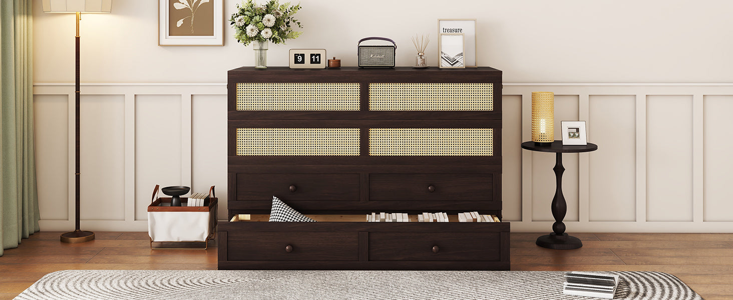 Queen Size Murphy Bed, Pine Wood Cabinet Bed with Rattan Decoration and Storage Drawer,Espresso