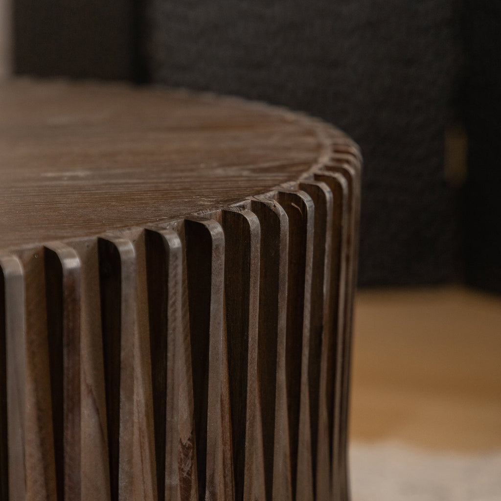 Vintage Fashion Style Cylindrical Nesting Coffee Table Set with Vertical Textured Embossed Design for Living Room, Office and Dining Room, Dark Brown (Set of 2)