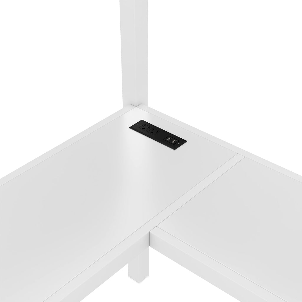 Twin XL Size Loft Bed with L-shaped Desk and USB, Metal Loft Bed with Wardrobe and Adjustable Shelf, High Loft Bed with LED for Kids Teens Adults, White