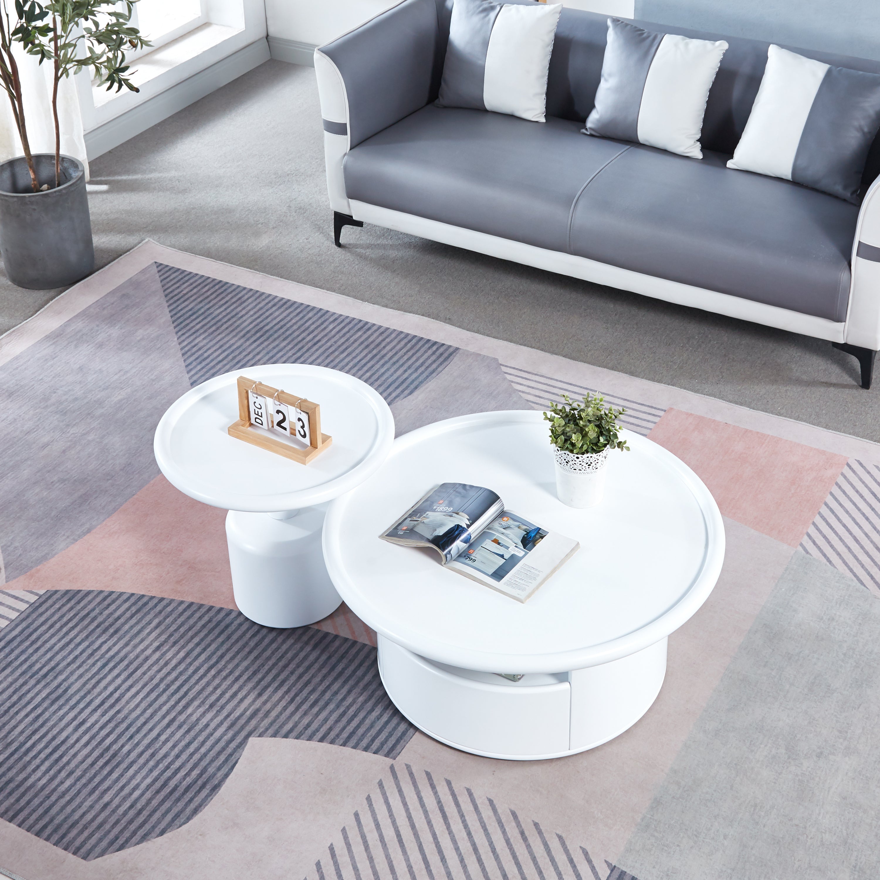 2 Pieces White MDF Round Coffee Table Set for Living Room, Bedroom