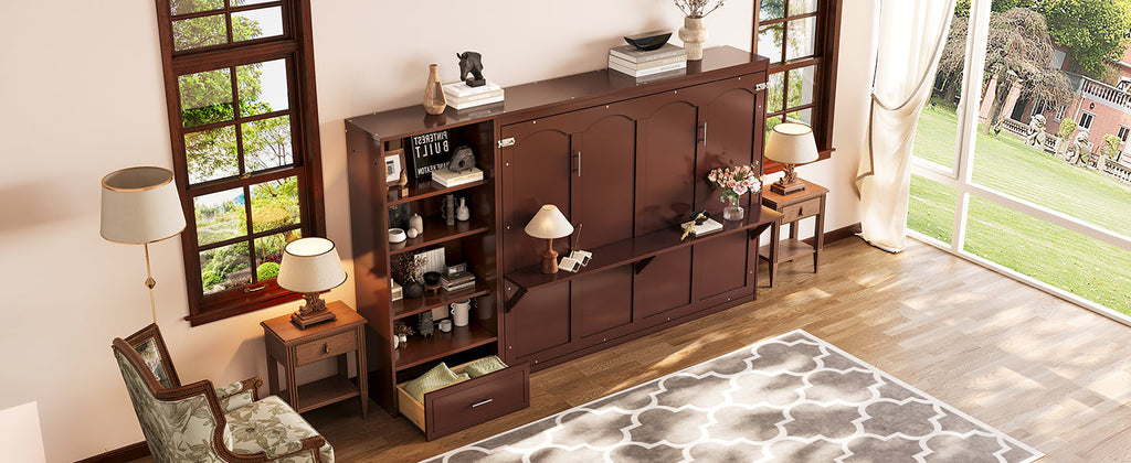 Queen Size Murphy Bed with Height Adjustable Storage Compartments and Shelf, Wall Bed Frame With 1 Drawer, Multifunctional Foldable Platform Bed for Small Space,Bedroom,Guest Room, Walnut