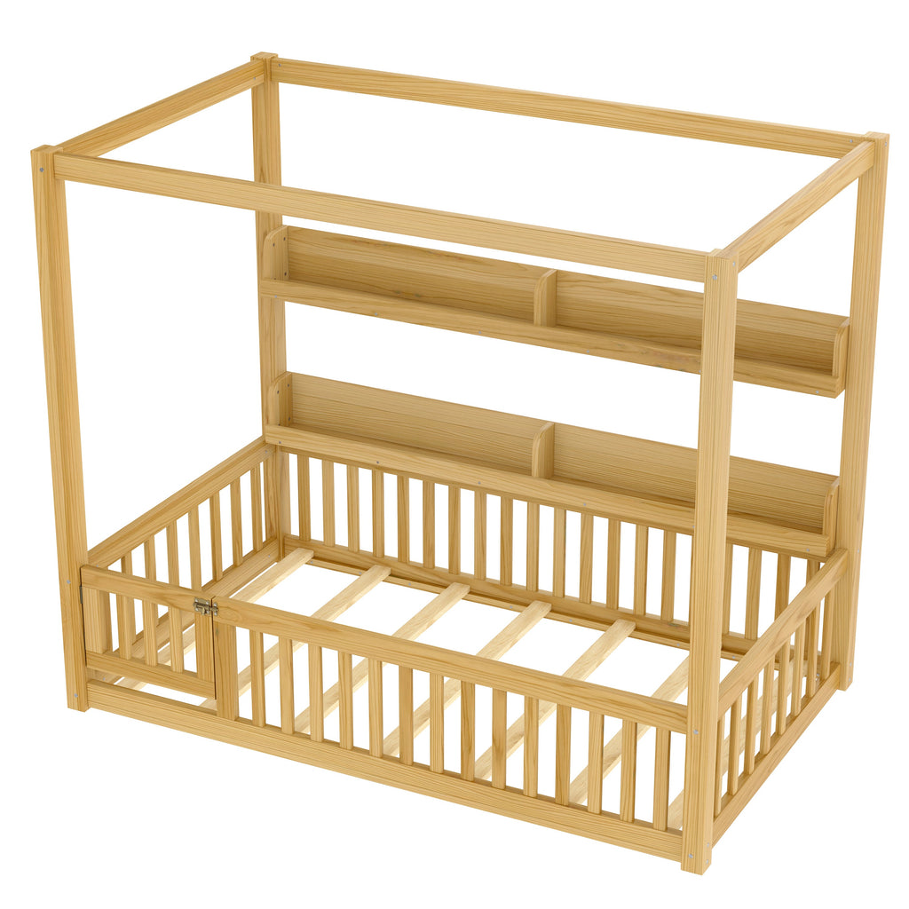 Twin Size Canopy Bed with Guardrails, Solid Wood Floor Bed with Shelves, Montessori Floor Bed Frame for Kids, Boys, Girls, No Spring Box Needed, Natural