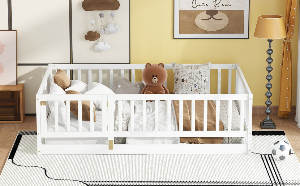 Full Size Floor Bed with Slats, Montessori Floor Bed with Fence and Door, Kids Montessori Bed Full Size, Wood Montessori Floor Bed for Kids, Girls, Boys(White)