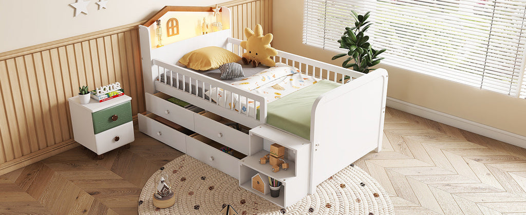Low Loft Bed with LED Lights, Wooden Twin Loft Bed with House Shape Headboard, Kids Loft Bed with Storage Drawers, White (Expect Arrival Date 2025/1/20)