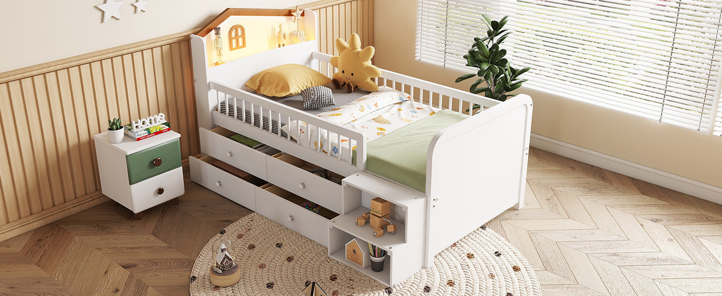 Low Loft Bed with LED Lights, Wooden Twin Loft Bed with House Shape Headboard, Kids Loft Bed with Storage Drawers, White (Expect Arrival Date 2025/1/20)