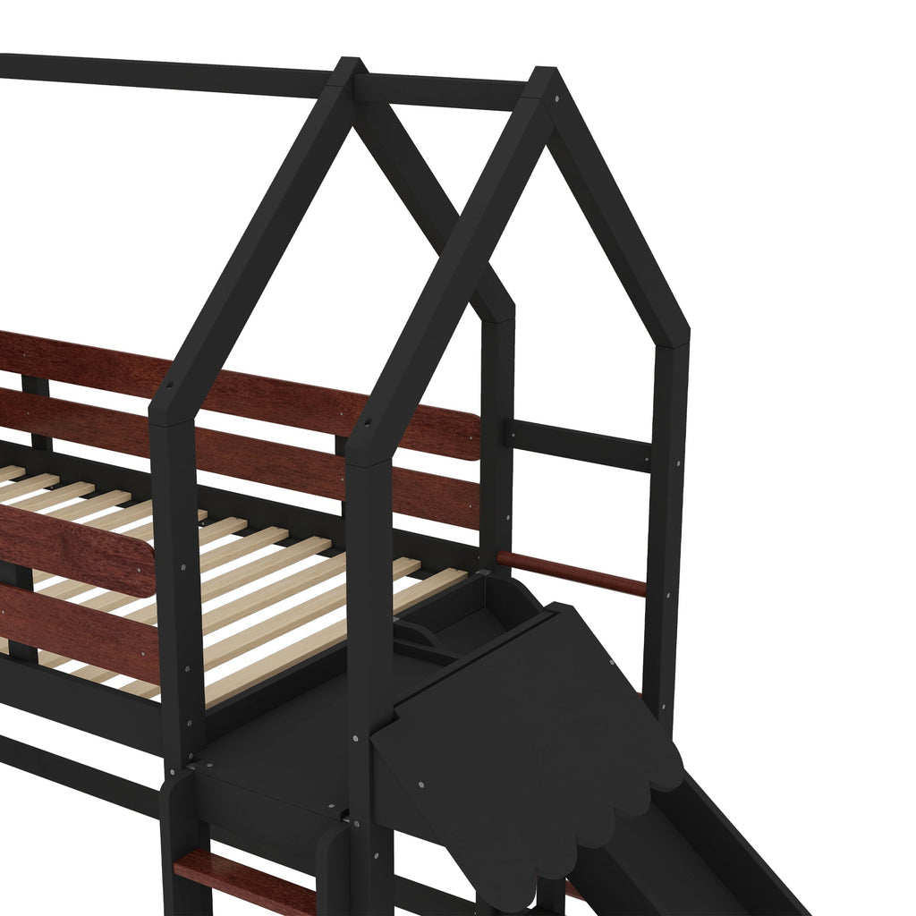Twin Size Loft Bed with Bookshelf Playful Design for Kids House-Shaped Structure with Slide High-Quality Safety Rails,Beige/Natural /Black