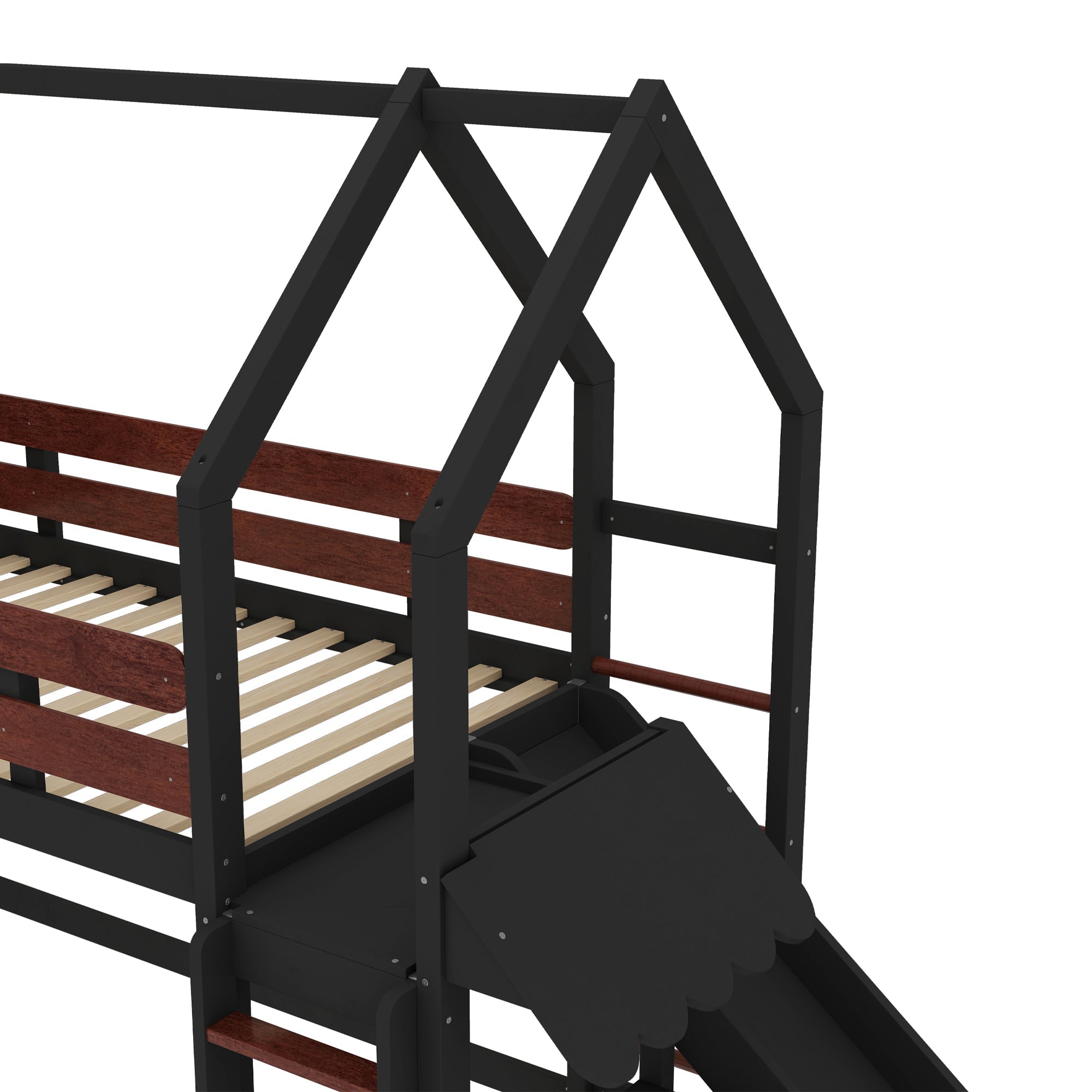 Twin Size Loft Bed with Bookshelf Playful Design for Kids House-Shaped Structure with Slide High-Quality Safety Rails,Beige/Natural /Black
