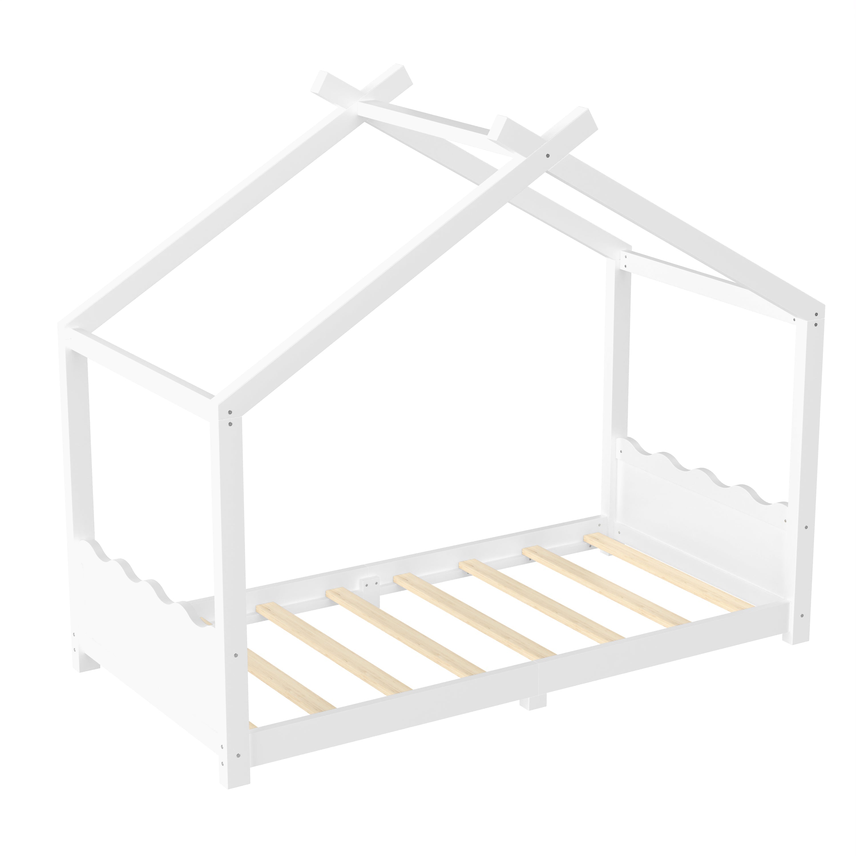 Twin House Floor Bed with Support Slats, Solid Wood House Bed Frame for Kids, No Box Spring Needed and Opening Constructure, White