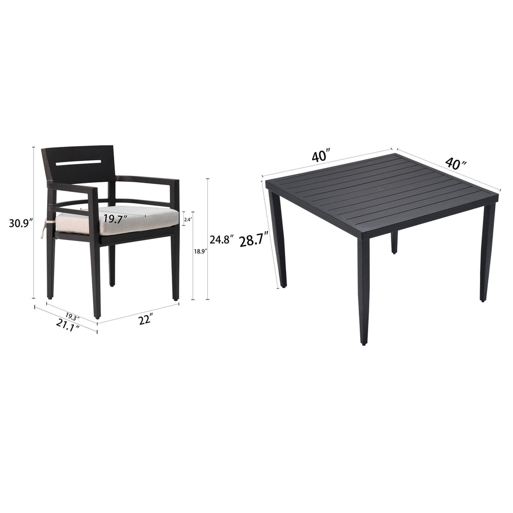 5-Piece Outdoor Patio Aluminum Furniture, Modern Dining Set, including 4 Swivel Rockers  Sunbrella Fabric Cushioned and 40' Square Dining Table with Umbrella Hole, Ember Black