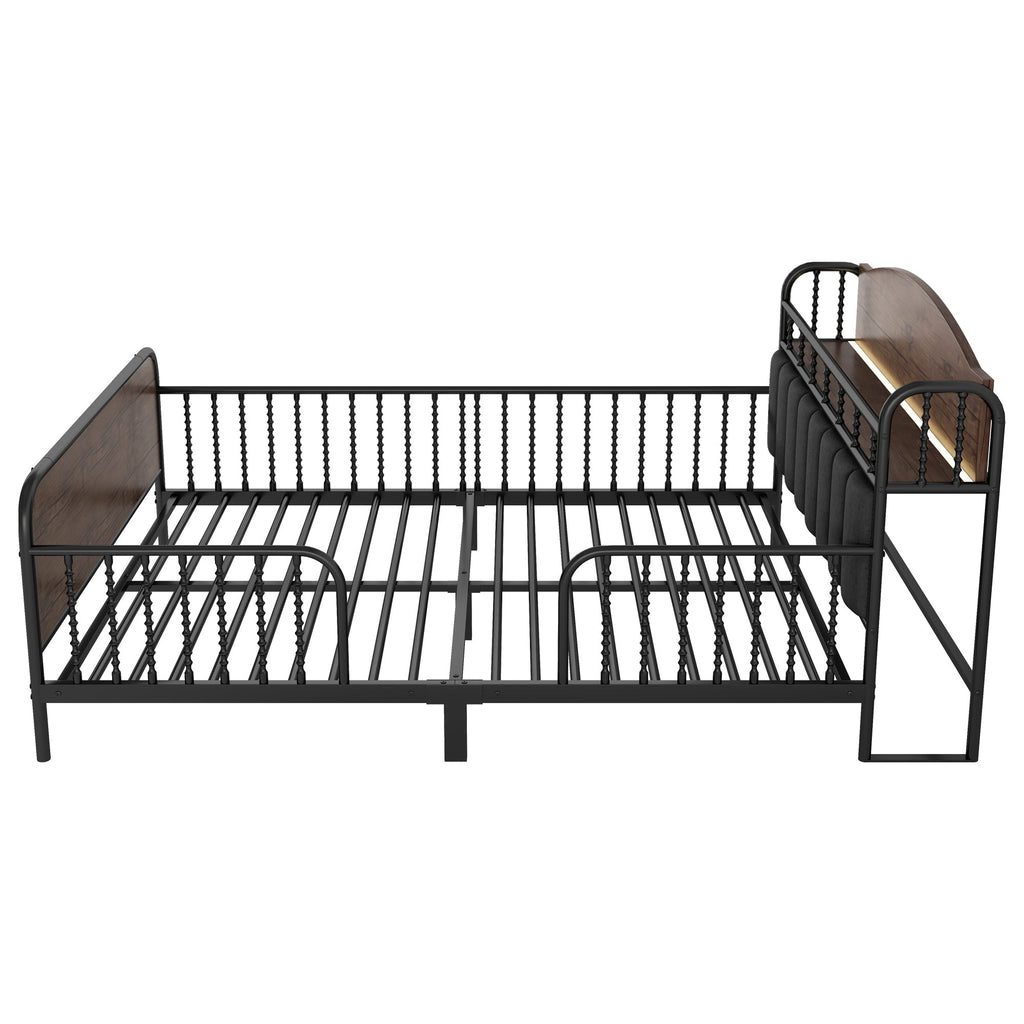 Full Size Metal Platform Bed Frame with Light, Kids Full Metal Bed with Upholstered and Storage Headboard, Black (Expect Arrival Date 2025/10/5)