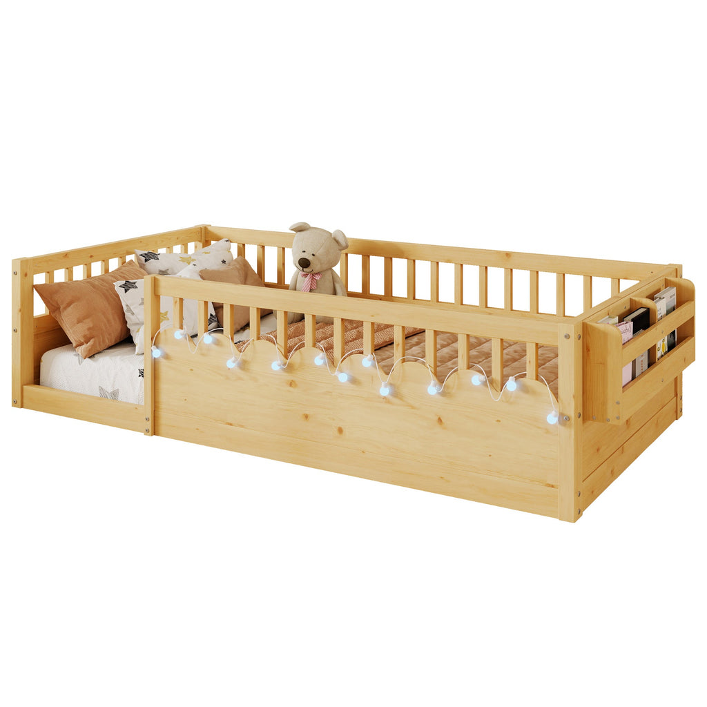 Twin Montessori Floor Bed Frame with High Rails, Wood Kids Floor Beds with Light and Storage Shelf, Natural (Expect Arrival Date 2025/8/15)