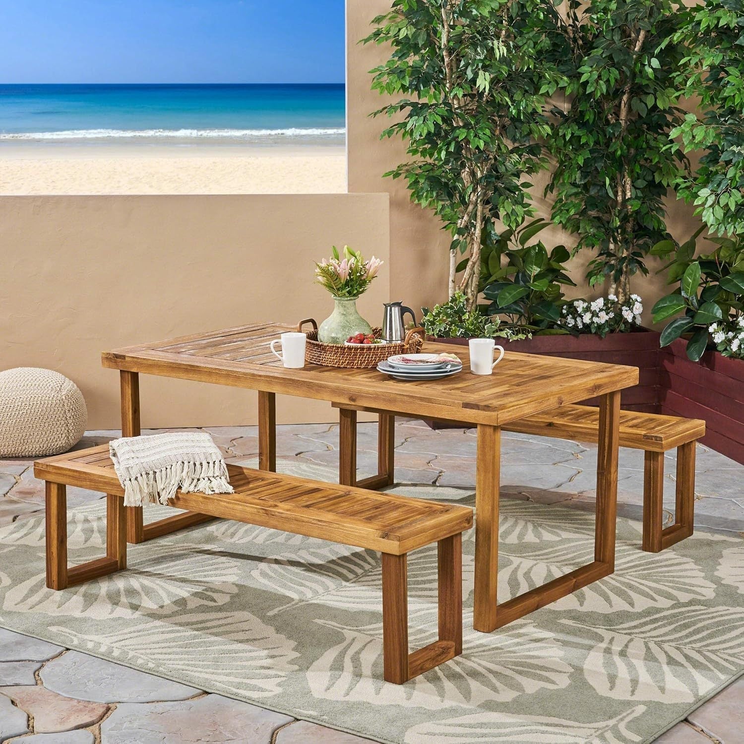 Outdoor Acacia Wood Dining Set, Sandblast Natural Finish