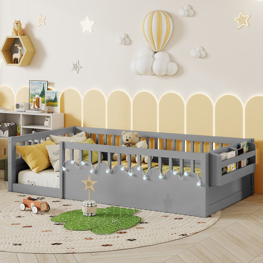 Twin Montessori Floor Bed Frame with High Rails, Wood Kids Floor Beds with Light and Storage Shelf, Gray (Expect Arrival Date 2025/8/15)