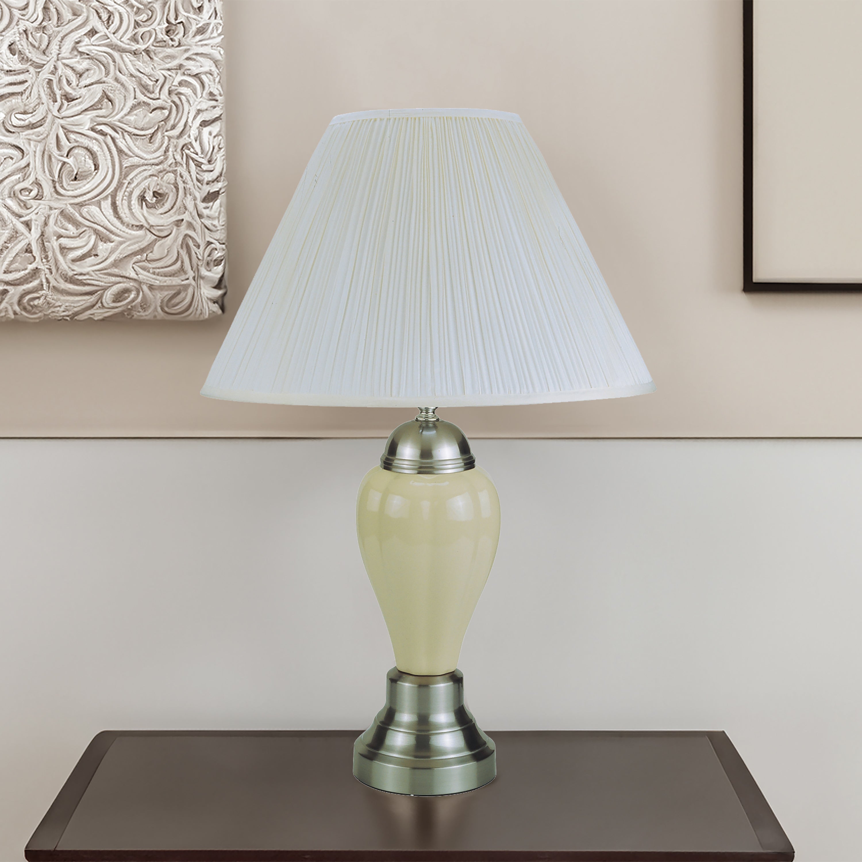 1pc Elegant Crafted Table Lamp Glossy Ivory Base Contrasting Metallic Details Pleated Shade Modern Look Porcelain Rotary Switch, 100WATT