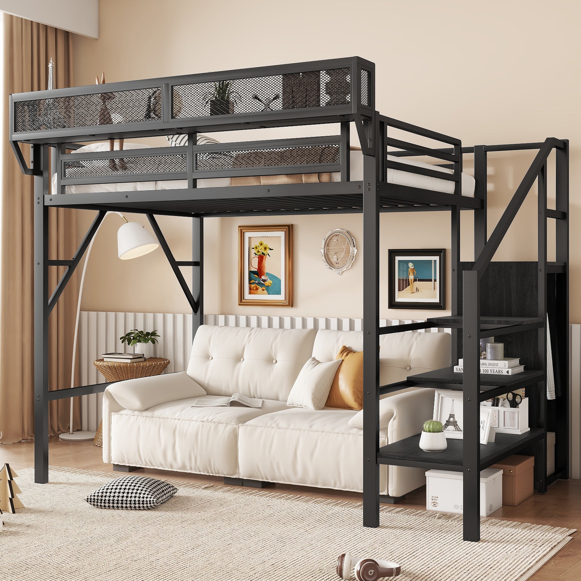 Twin Size Loft Bed with Stairs, Metal Full Loft Bed with Storage Shelves, High Loft Bed with Wardrobe for Kids Teens, Black(Expect Arrival Date 2025/9/22)