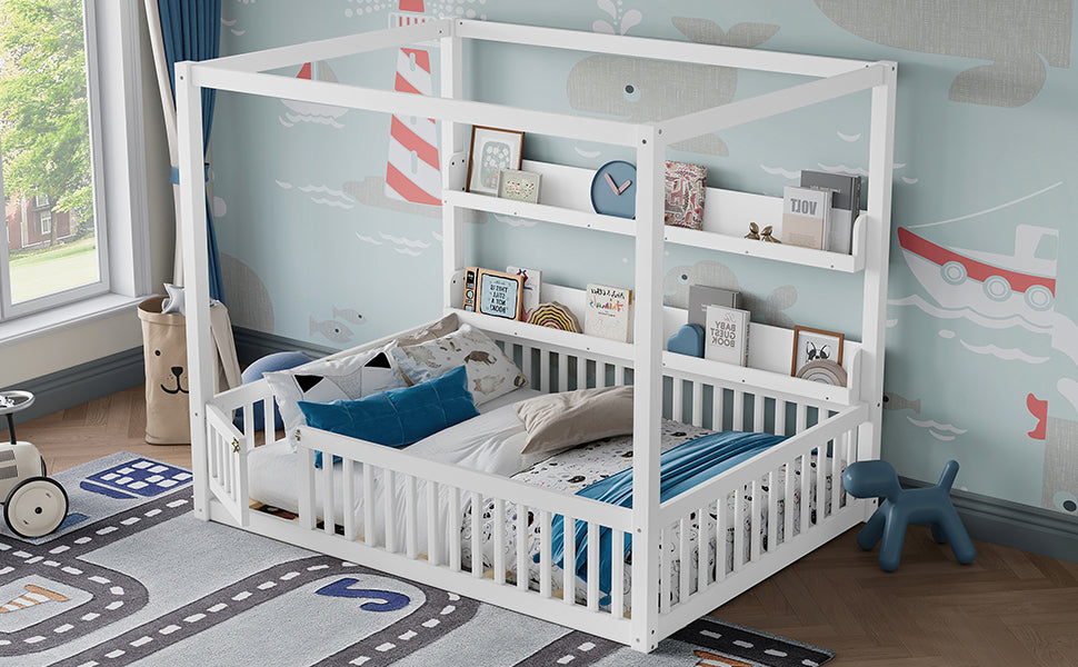 Full Size Canopy Bed with Guardrails, Solid Wood Floor Bed with Shelves, Montessori Floor Bed Frame for Kids, Boys, Girls, No Spring Box Needed, White
