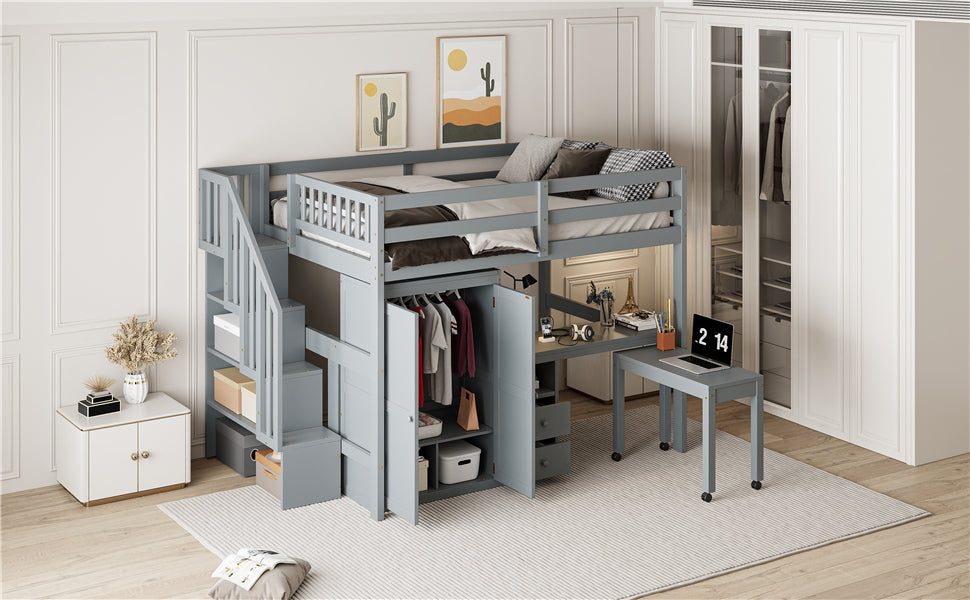 Full Size Loft Bed with Stairs, Bookshelf, Drawers, Desk & Wardrobe – Space-Saving Multifunctional Furniture for Kids & Teens-Gray