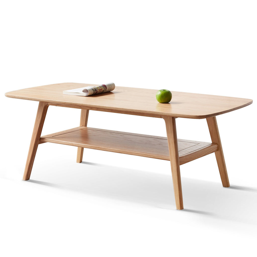 Natural Solid Wood Coffee Table with Storage Shelf, Easy Assembly, Oak Finish, 39.4 Inches